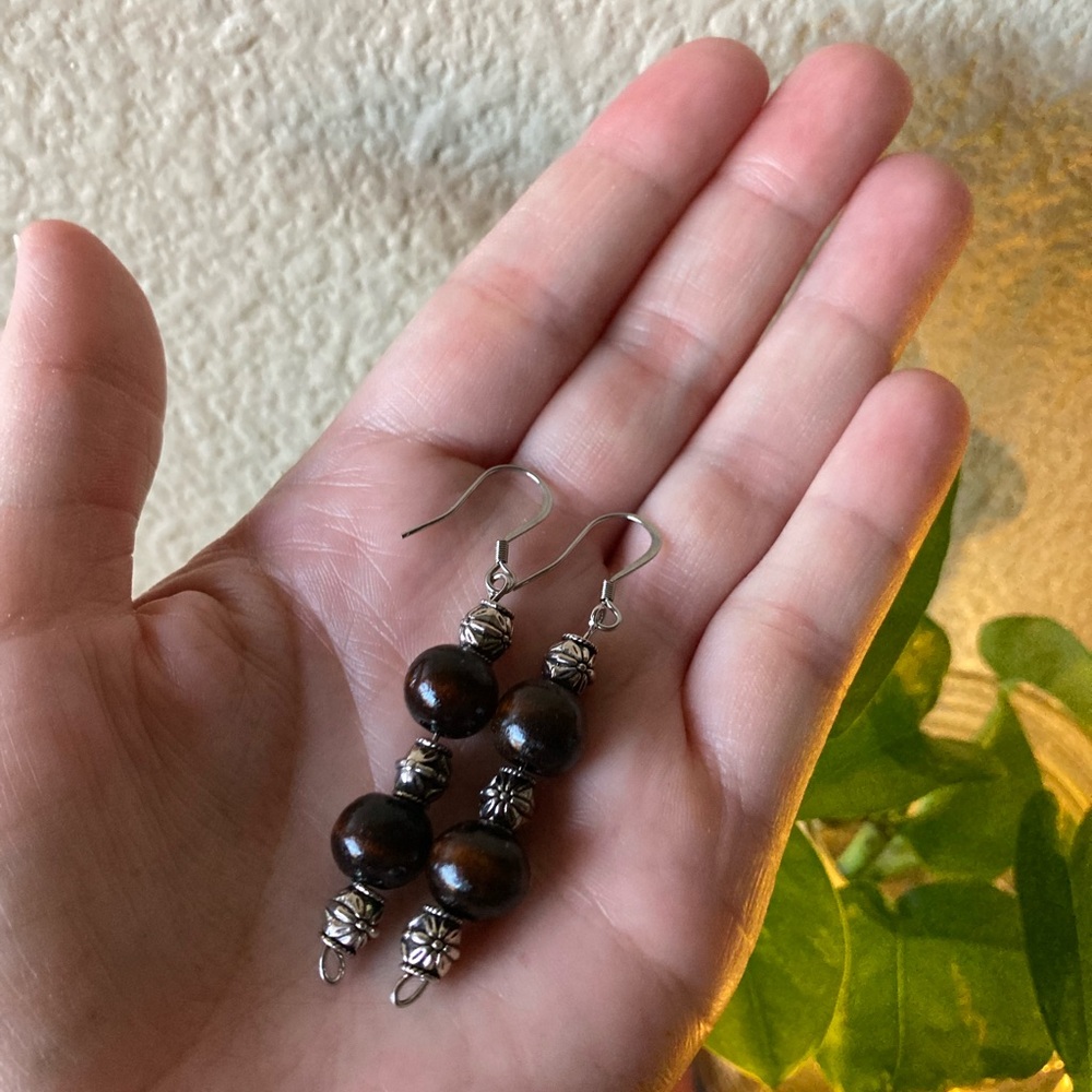 Handmade Wood Beaded Dangle Earrings